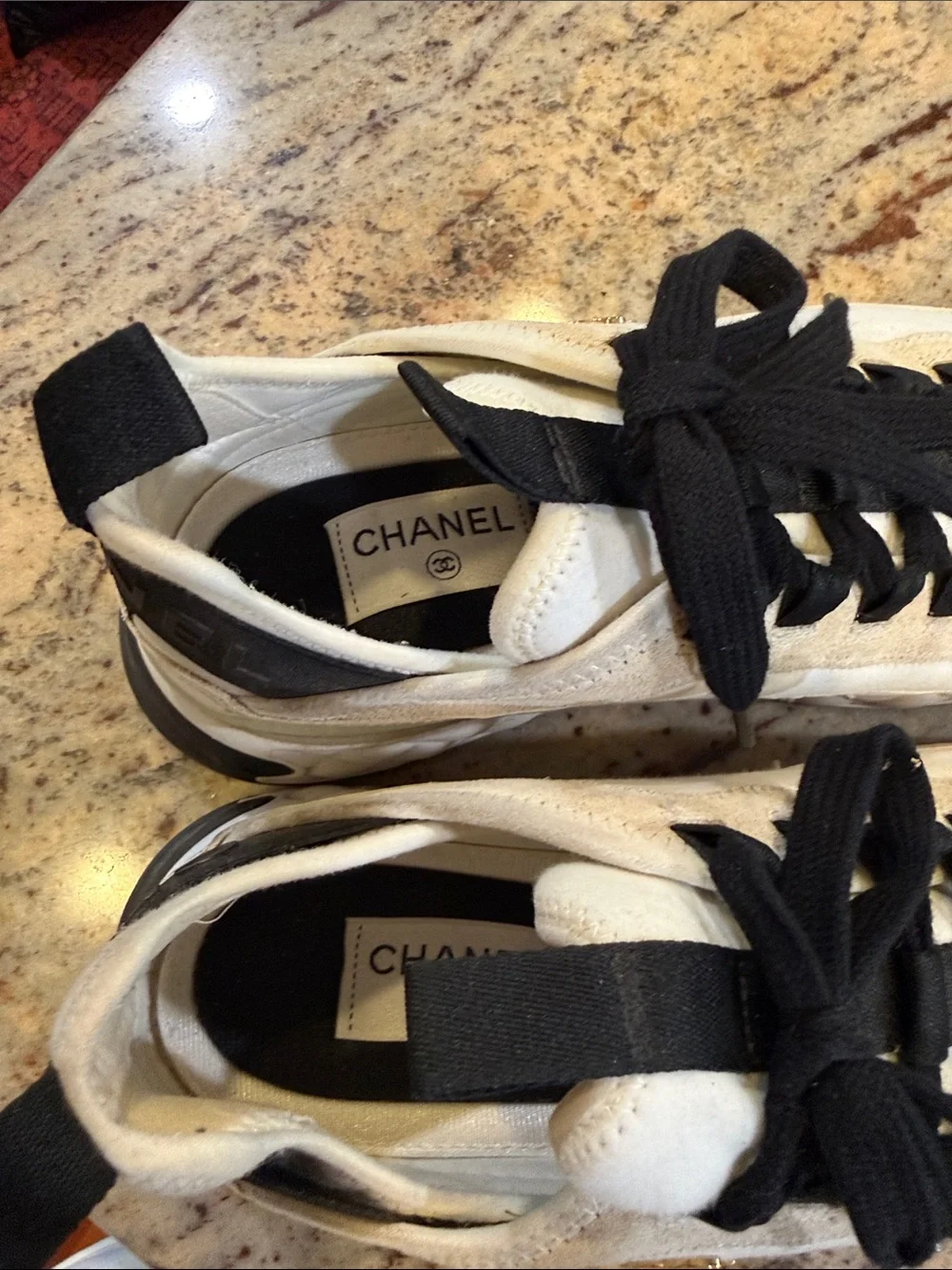 CHANEL Cream and Black Lace-Up Chunky Sneakers